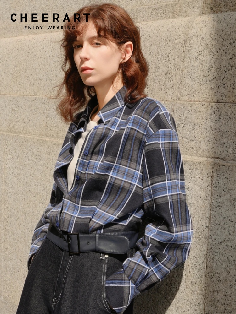Women'S Fashion Designer Clothes - CHEERART Designer Plaid Blue Long Sleeve