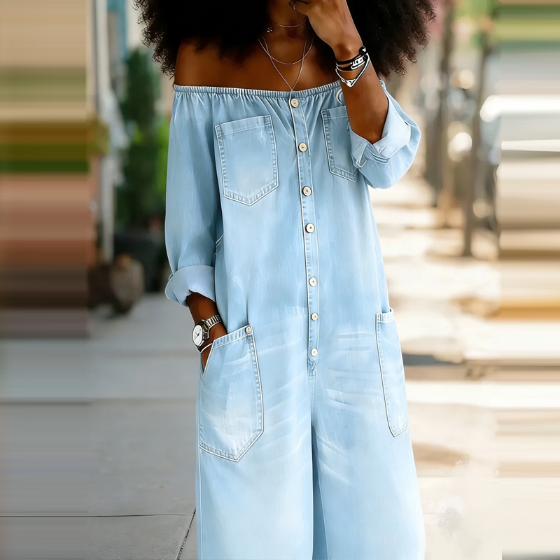 Elegant Off Shoulder Solid Den - Women'S Fashion Vintage Off Shoulder Long Sleeve Jumpsuit recensie en prijs